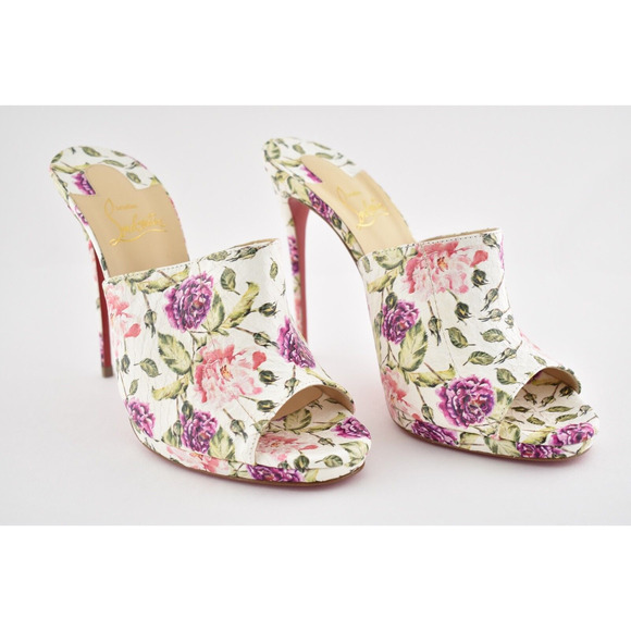 Christian Louboutin Pigamule 120 White Pink Floral Mule Sandal Heel Pump 36.5 - Picture 4 of 12